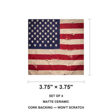 Weathered American Flag ceramic coasters set of 4, size 3.75 inches
