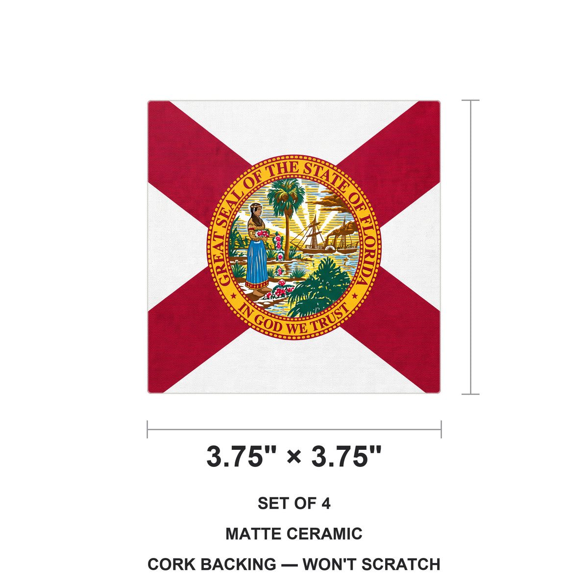 Florida State Flag ceramic coasters set of 4, size 3.75 inches
