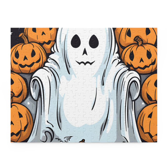 DistinctInk Jigsaw Puzzle with Skeletal Ghostly Pumpkins Design for Halloween