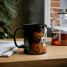 DistinctInk Black Coffee Mug - Ghost Skeleton Pumpkin Pattern for Halloween