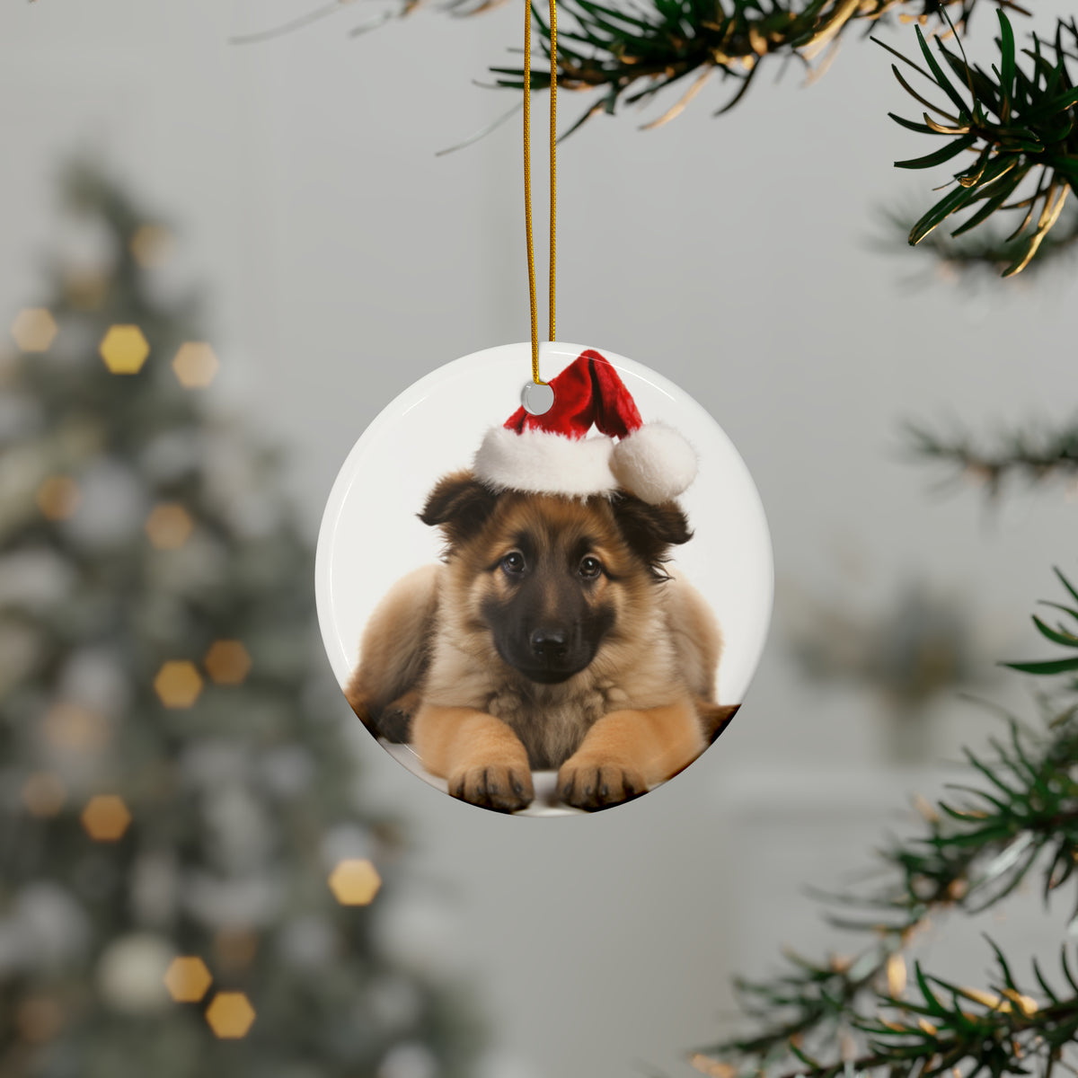 Hanging Ceramic Christmas Tree Ornament with Gold String - Belgian Tervuren Puppy Design, view 3