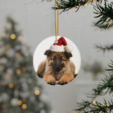 DistinctInk Hanging Ceramic Christmas Tree Ornament with Gold String - Great Gift/Present - 2 3/4 inch Diameter - Belgian Tervuren Puppy Design