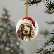 DistinctInk Hanging Ceramic Christmas Tree Ornament with Gold String - Great Gift/Present - 2 3/4 inch Diameter - English Cocker Spaniel Puppy Drawing Design