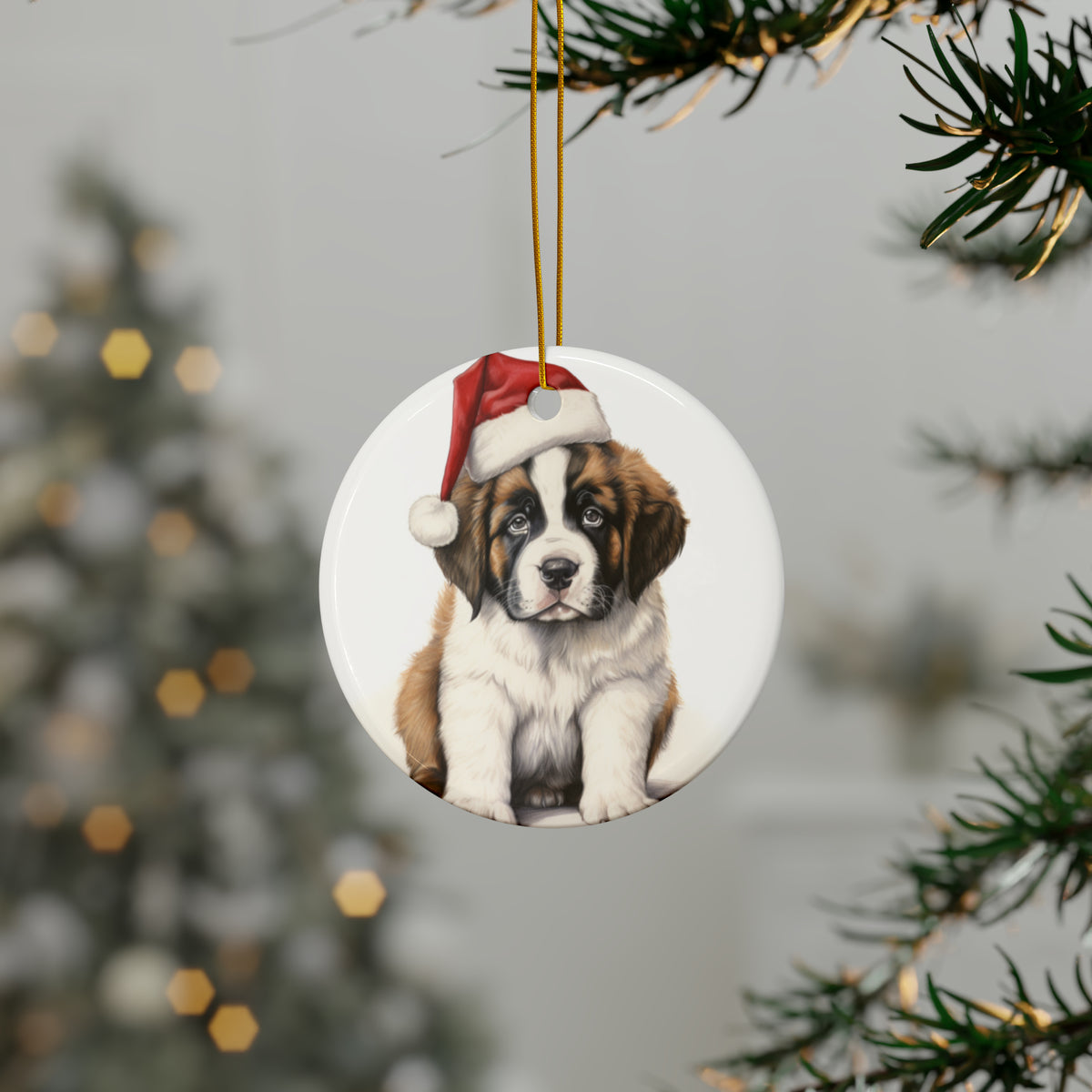 Hanging Ceramic Christmas Tree Ornament with Gold String - St. Bernard Puppy Drawing Design, view 3