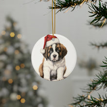 DistinctInk Hanging Ceramic Christmas Tree Ornament with Gold String - Great Gift/Present - 2 3/4 inch Diameter - St. Bernard Puppy Drawing Design