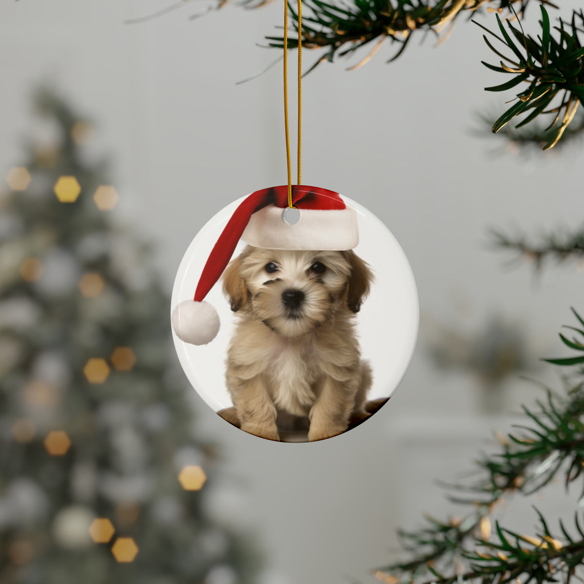 Hanging Ceramic Christmas Tree Ornament with Gold String - Dandie Dinmont Terrier Puppy Design, view 3
