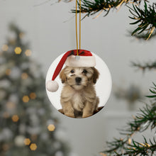 DistinctInk Hanging Ceramic Christmas Tree Ornament with Gold String - Great Gift/Present - 2 3/4 inch Diameter - Dandie Dinmont Terrier Puppy Design