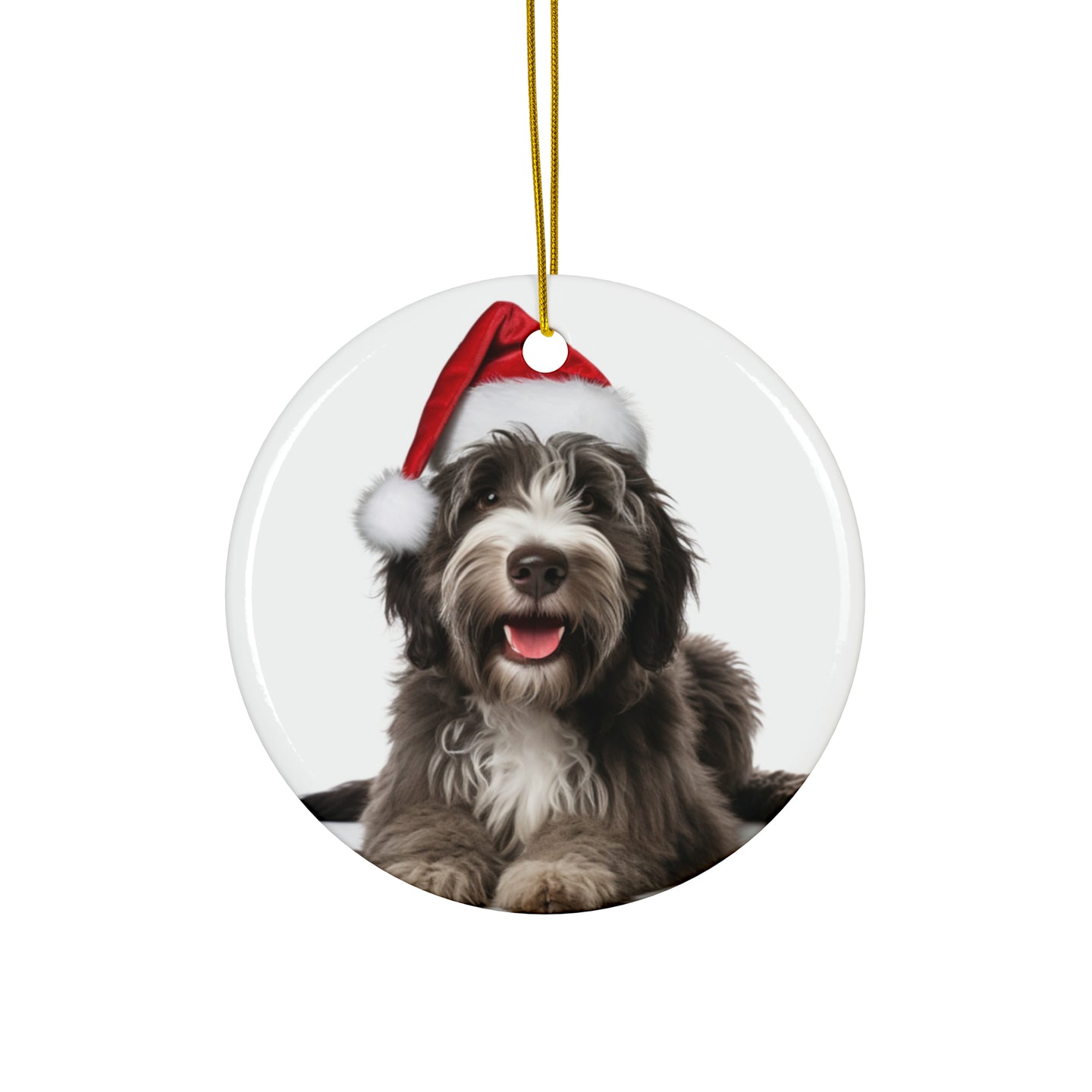 DistinctInk Hanging Ceramic Christmas Tree Ornament with Gold String - Great Gift/Present - 2 3/4 inch Diameter - Bergamasco Sheepdog Puppy Design