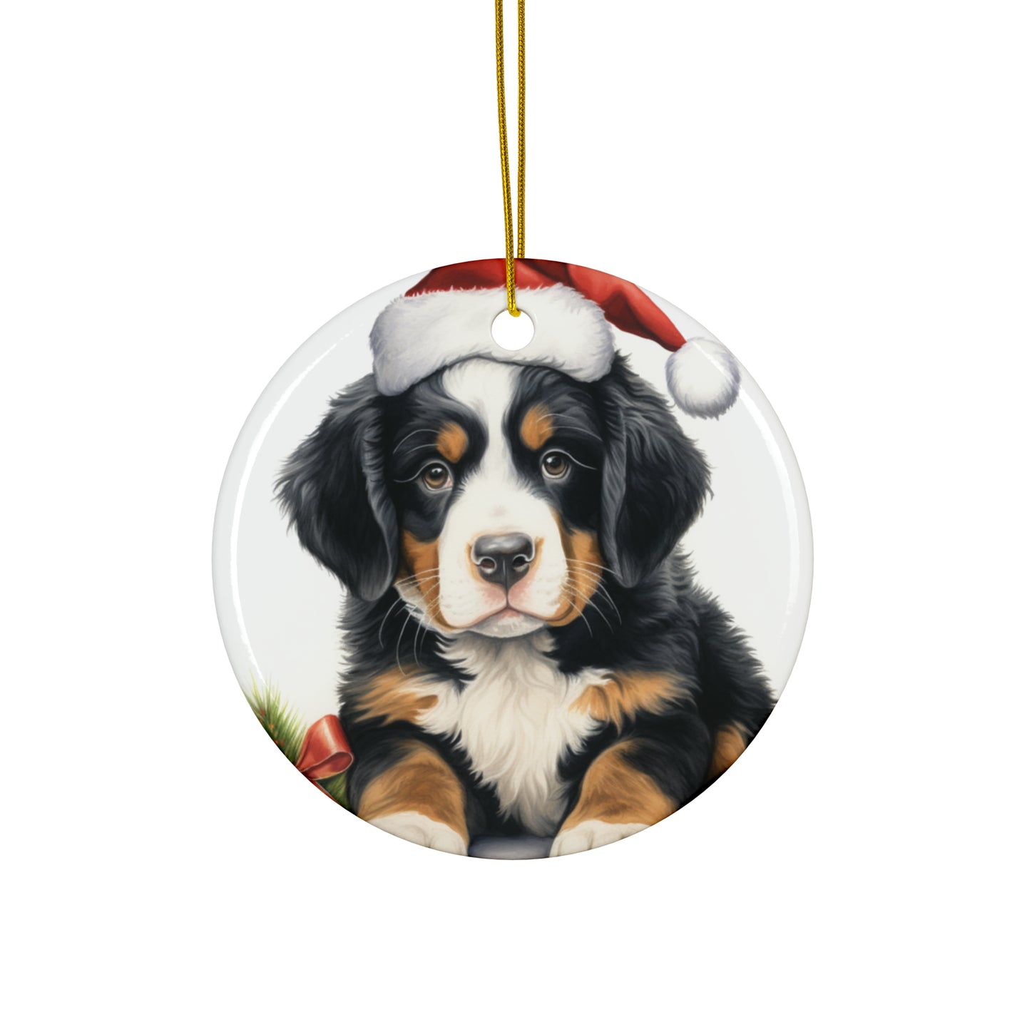 DistinctInk Hanging Ceramic Christmas Tree Ornament with Gold String - Great Gift/Present - 2 3/4 inch Diameter - Bernese Mountain Dog Puppy Drawing Design