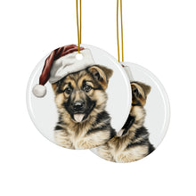 DistinctInk Hanging Ceramic Christmas Tree Ornament with Gold String - Great Gift/Present - 2 3/4 inch Diameter - German Shepherd Dog Puppy Drawing Design