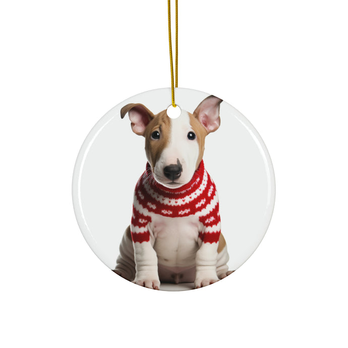 DistinctInk Hanging Ceramic Christmas Tree Ornament with Gold String - Great Gift/Present - 2 3/4 inch Diameter - Bull Terrier Puppy Design