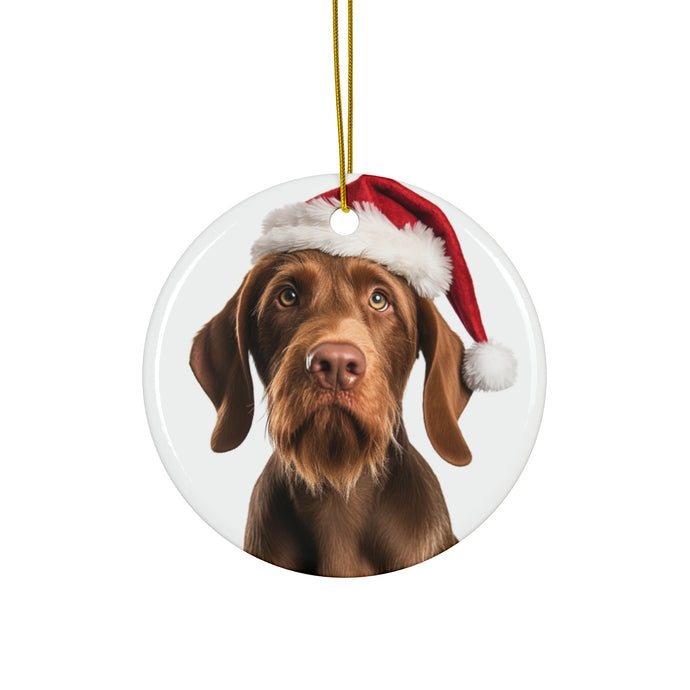 DistinctInk Hanging Ceramic Christmas Tree Ornament with Gold String - Great Gift/Present - 2 3/4 inch Diameter - Wirehaired Vizsla Design