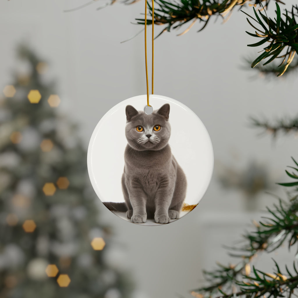 Hanging Ceramic Christmas Tree Ornament with Gold String - Chartreux Cat Design, view 3