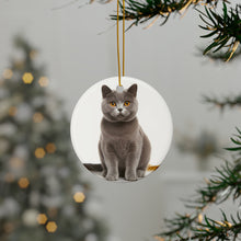 DistinctInk Hanging Ceramic Christmas Tree Ornament with Gold String - Great Gift/Present - 2 3/4 inch Diameter - Chartreux Cat Design