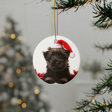 DistinctInk Hanging Ceramic Christmas Tree Ornament with Gold String - Great Gift/Present - 2 3/4 inch Diameter - Skye Terrier Puppy Design