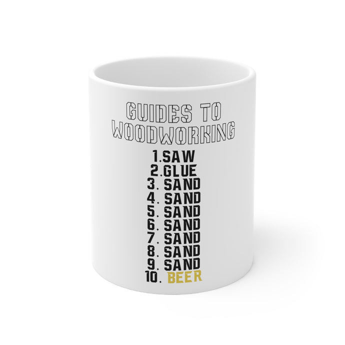 DistinctInk Glossy White Coffee / Tea Mug - Guides to Woodworking Saw Glue Sand Beer