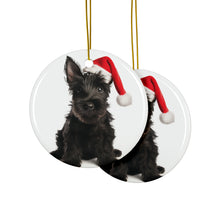 DistinctInk Hanging Ceramic Christmas Tree Ornament with Gold String - Great Gift/Present - 2 3/4 inch Diameter - Scottish Terrier Puppy Design