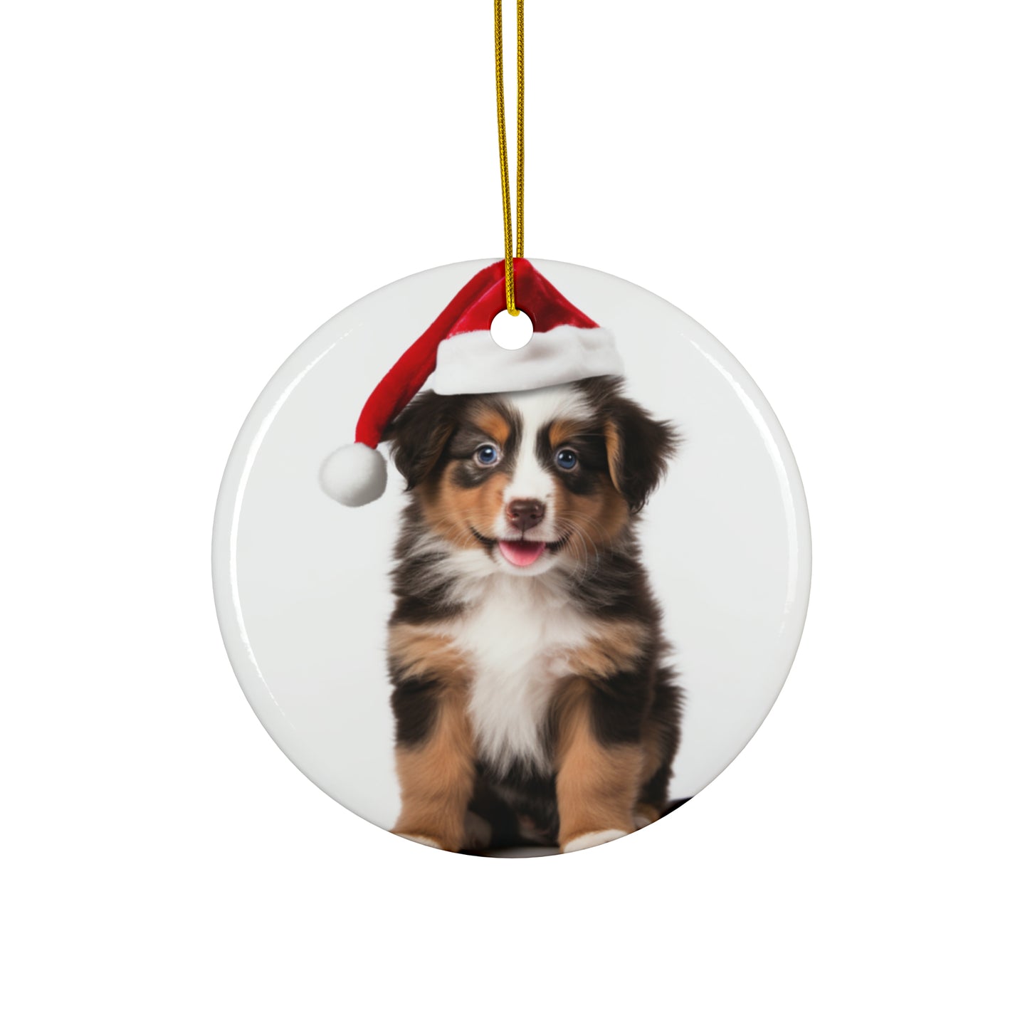 DistinctInk Hanging Ceramic Christmas Tree Ornament with Gold String - Great Gift/Present - 2 3/4 inch Diameter - Miniature American Shepherd Puppy Design