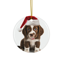 DistinctInk Hanging Ceramic Christmas Tree Ornament with Gold String - Great Gift/Present - 2 3/4 inch Diameter - Harrier Puppy Design