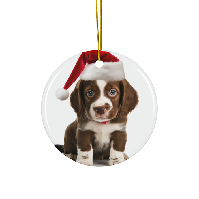 DistinctInk Hanging Ceramic Christmas Tree Ornament with Gold String - Great Gift/Present - 2 3/4 inch Diameter - Harrier Puppy Design