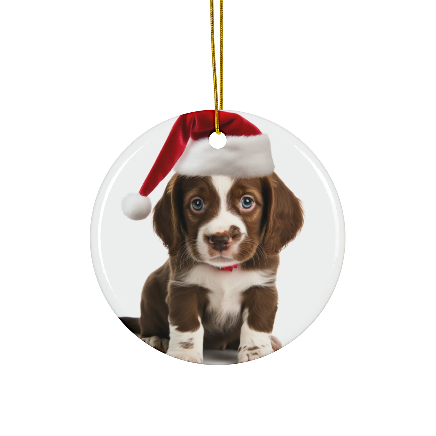 DistinctInk Hanging Ceramic Christmas Tree Ornament with Gold String - Great Gift/Present - 2 3/4 inch Diameter - Harrier Puppy Design