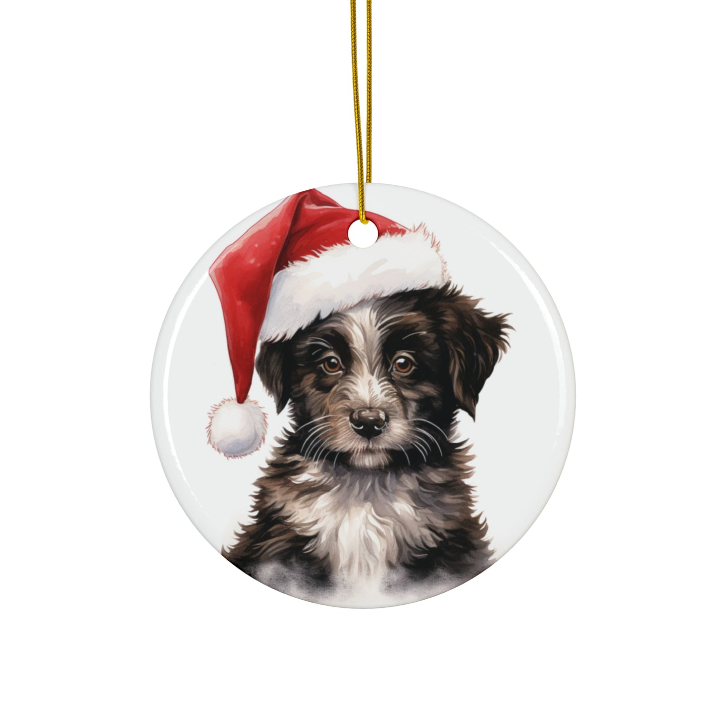 DistinctInk Hanging Ceramic Christmas Tree Ornament with Gold String - Great Gift/Present - 2 3/4 inch Diameter - Mudi Puppy Drawing Design