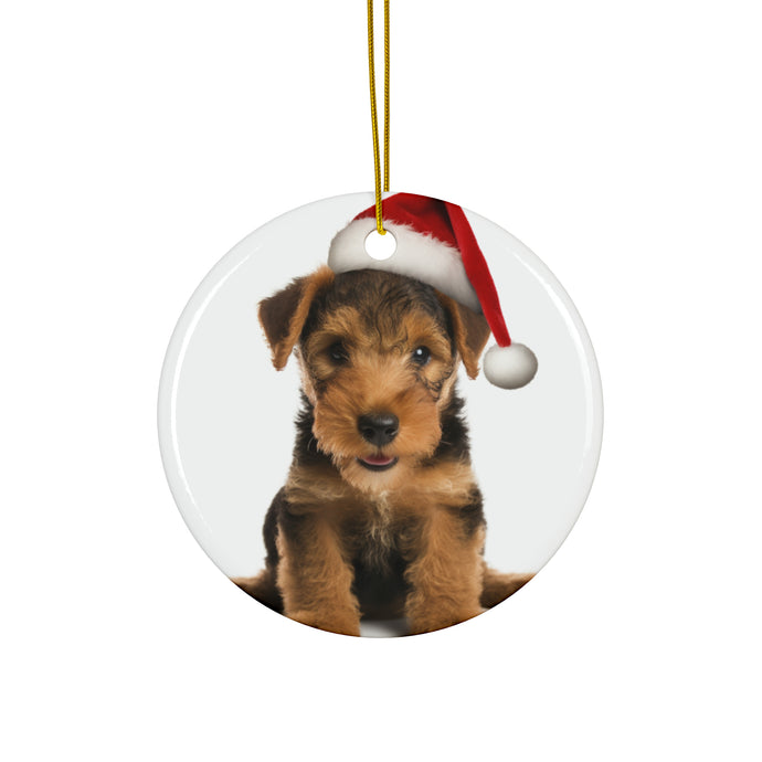 DistinctInk Hanging Ceramic Christmas Tree Ornament with Gold String - Great Gift/Present - 2 3/4 inch Diameter - Welsh Terrier Puppy Design