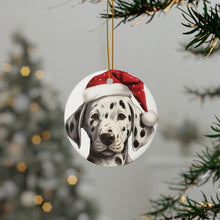 DistinctInk Hanging Ceramic Christmas Tree Ornament with Gold String - Great Gift/Present - 2 3/4 inch Diameter - Dalmatian Puppy Drawing Design