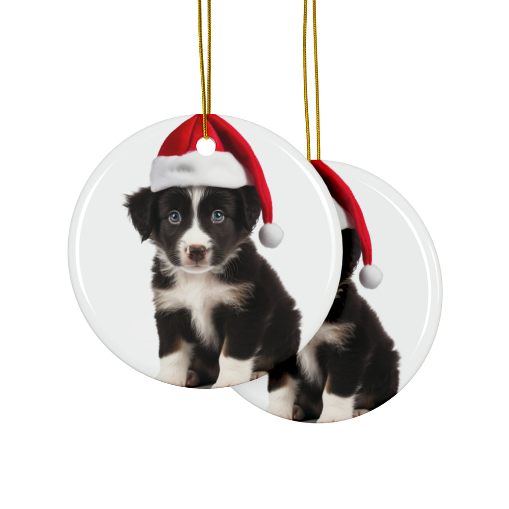 Hanging Ceramic Christmas Tree Ornament with Gold String - Border Collie Puppy Design, view 2
