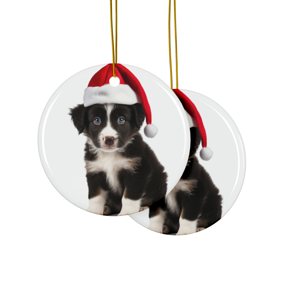 Hanging Ceramic Christmas Tree Ornament with Gold String - Border Collie Puppy Design, view 2