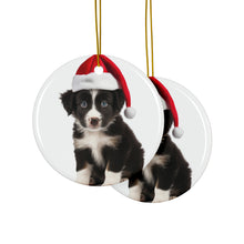 DistinctInk Hanging Ceramic Christmas Tree Ornament with Gold String - Great Gift/Present - 2 3/4 inch Diameter - Border Collie Puppy Design