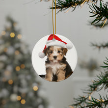 DistinctInk Hanging Ceramic Christmas Tree Ornament with Gold String - Great Gift/Present - 2 3/4 inch Diameter - Biewer Terrier Puppy Design