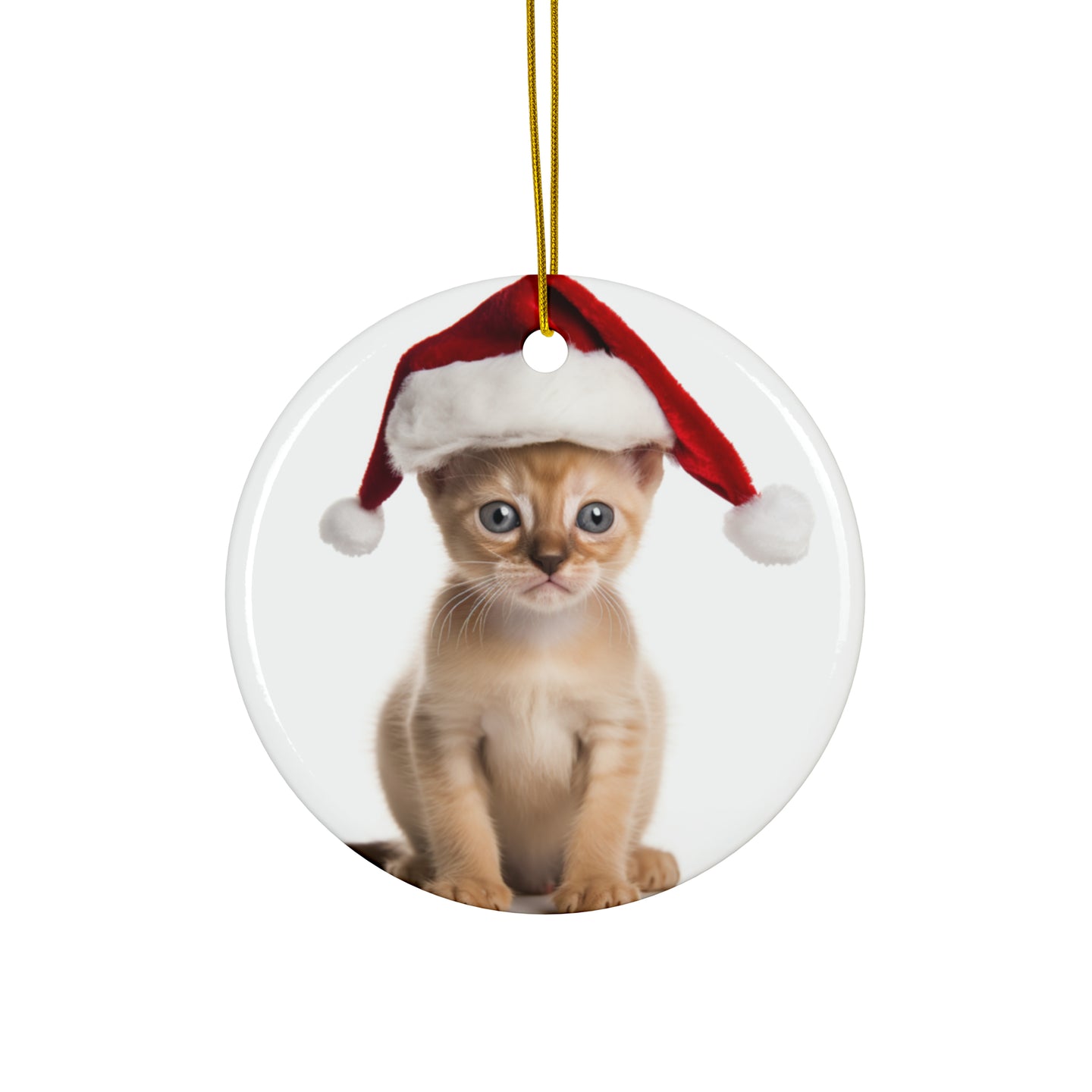 DistinctInk Hanging Ceramic Christmas Tree Ornament with Gold String - Great Gift/Present - 2 3/4 inch Diameter - Oriental Kitten Design