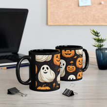 DistinctInk Black Coffee Mug - Ghastly Skeleton Pumpkin Party for Halloween
