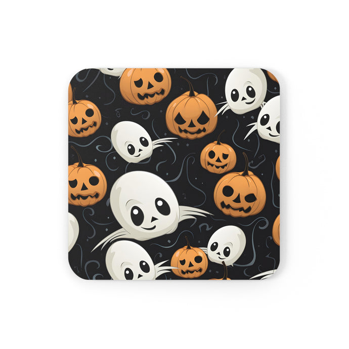 DistinctInk (Set of 4) Corkwood Coasters with Ghost Skeleton Pumpkin PatternDesign for Halloween