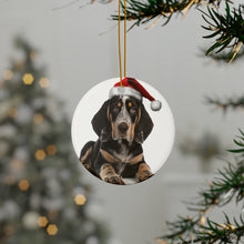 DistinctInk Hanging Ceramic Christmas Tree Ornament with Gold String - Great Gift/Present - 2 3/4 inch Diameter - Bluetick Coonhound Puppy Design