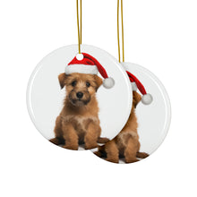 DistinctInk Hanging Ceramic Christmas Tree Ornament with Gold String - Great Gift/Present - 2 3/4 inch Diameter - Norfolk Terrier Puppy Design