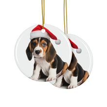 DistinctInk Hanging Ceramic Christmas Tree Ornament with Gold String - Great Gift/Present - 2 3/4 inch Diameter - Treeing Walker Coonhound Puppy Design