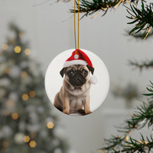 DistinctInk Hanging Ceramic Christmas Tree Ornament with Gold String - Great Gift/Present - 2 3/4 inch Diameter - Pug Puppy Design