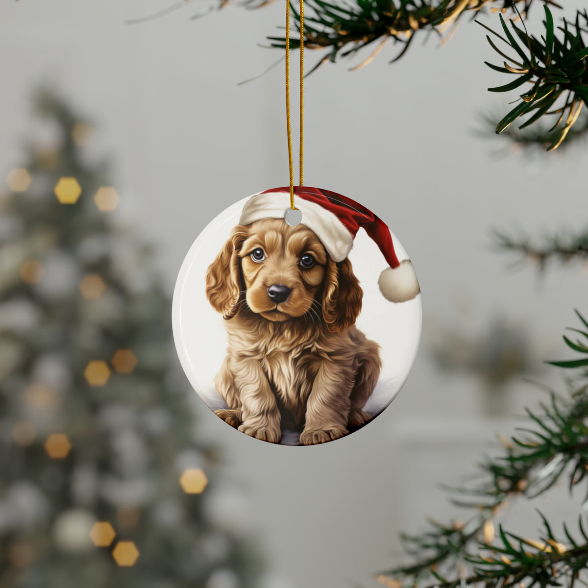 Hanging Ceramic Christmas Tree Ornament with Gold String - Cocker Spaniel Puppy Drawing Design, view 3