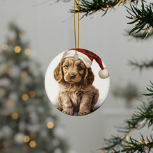 DistinctInk Hanging Ceramic Christmas Tree Ornament with Gold String - Great Gift/Present - 2 3/4 inch Diameter - Cocker Spaniel Puppy Drawing Design