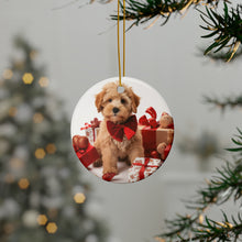 DistinctInk Hanging Ceramic Christmas Tree Ornament with Gold String - Great Gift/Present - 2 3/4 inch Diameter - Russian Toy Puppy Design