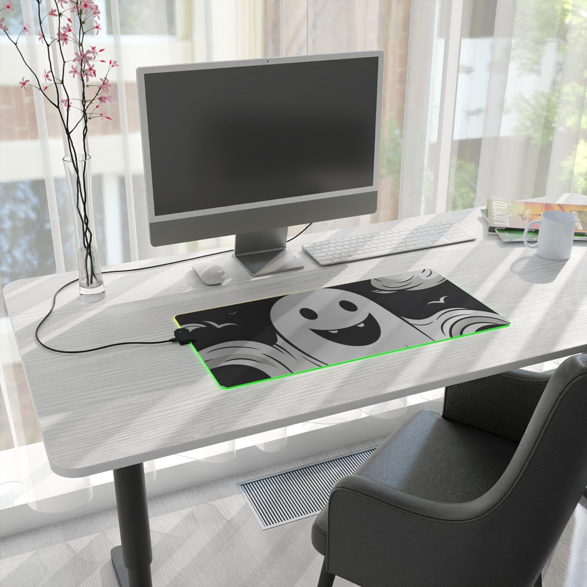 LED Gaming Mouse Pad with Skeletal Ghostly Pumpkin Patch Design for Halloween, view 10