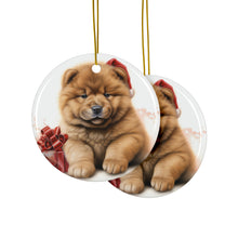 DistinctInk Hanging Ceramic Christmas Tree Ornament with Gold String - Great Gift/Present - 2 3/4 inch Diameter - Chow Chow Puppy Drawing Design