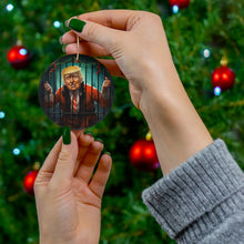 DistinctInk Hanging Ceramic Christmas Tree Ornament Charm with Gold String - Great Gift/Present - 2 3/4 inch Diameter - Trump Celebrates Christmas in Jail