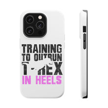 DistinctInk ToughCase for Apple iPhone, Compatible with MagSafe Charging - Training to Outrun T-Rex in Heels