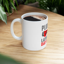 DistinctInk Glossy White Coffee / Tea Mug - Plumber - Laying Pipe Day & Night