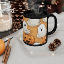 DistinctInk Black Coffee Mug - Ghostly Skeleton Pumpkin Patch for Halloween