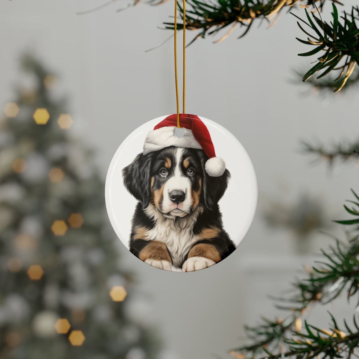 Hanging Ceramic Christmas Tree Ornament with Gold String - Greater Swis Mountain Dog Puppy Drawing Design, view 3