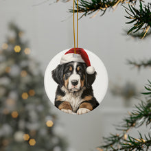 DistinctInk Hanging Ceramic Christmas Tree Ornament with Gold String - Great Gift/Present - 2 3/4 inch Diameter - Greater Swis Mountain Dog Puppy Drawing Design